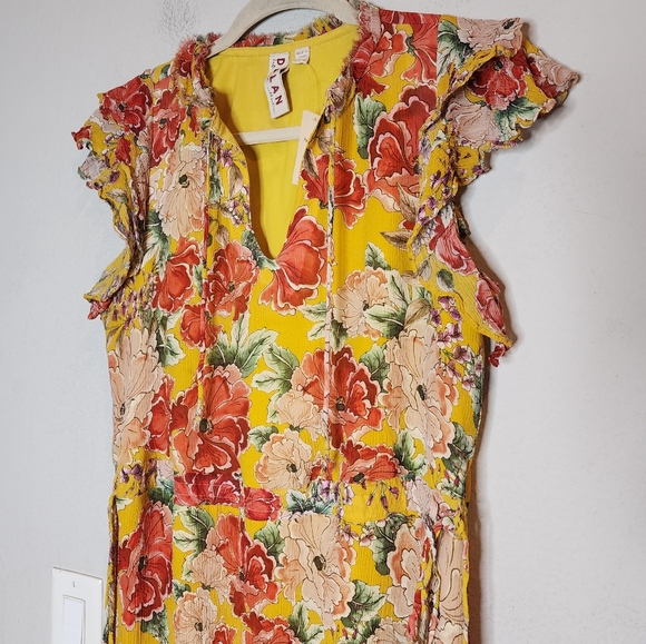 Anthropologie Dolan Silk Ellory Yellow Floral Midi flutter sleeve dress. S. New. - Picture 15 of 16